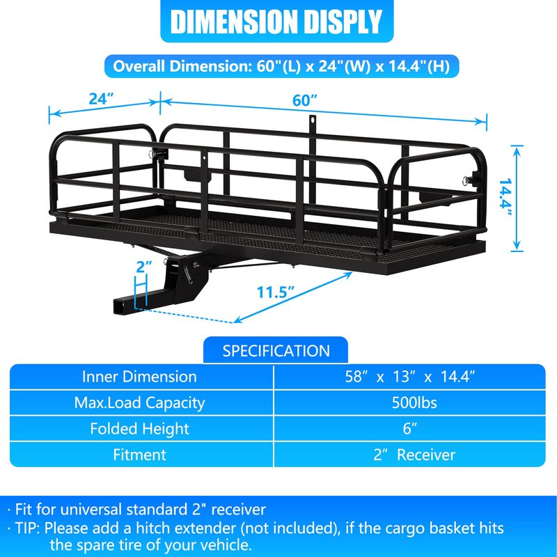 KAIRAY 500 Lbs Heavy Duty Hitch Mount Cargo Carrier 60"x24"x14.4" Folding Cargo Rack Rear Luggage Basket Fits 2" Receiver for Car SUV Camping Traveling with Hitch Stablizer Cargo Net Ratchet Straps