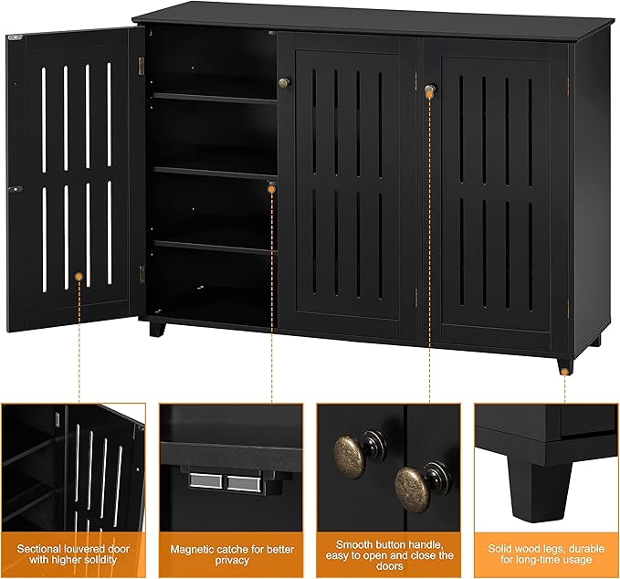 Yaheetech Shoe Storage Cabinet Floor Storage Organizer Wooden Cabinet with 3 Doors Adjustable Shelf for Entryway Living Room Home Office Black