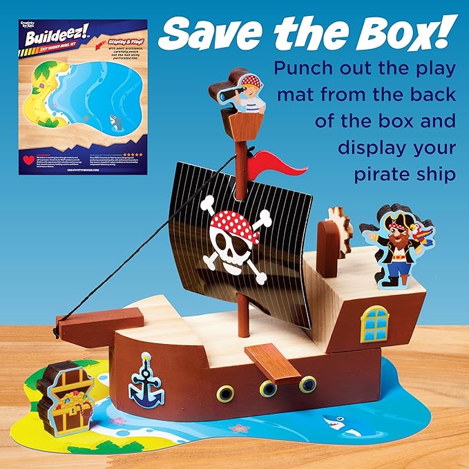 Creativity for Kids Buildeez! Easy Wooden Model Set: Pirate Ship, Sea Skull - DIY Arts & Crafts Kit, STEM Toys and Gift for Kids, Boat Toys for Boys (Ages 5+)