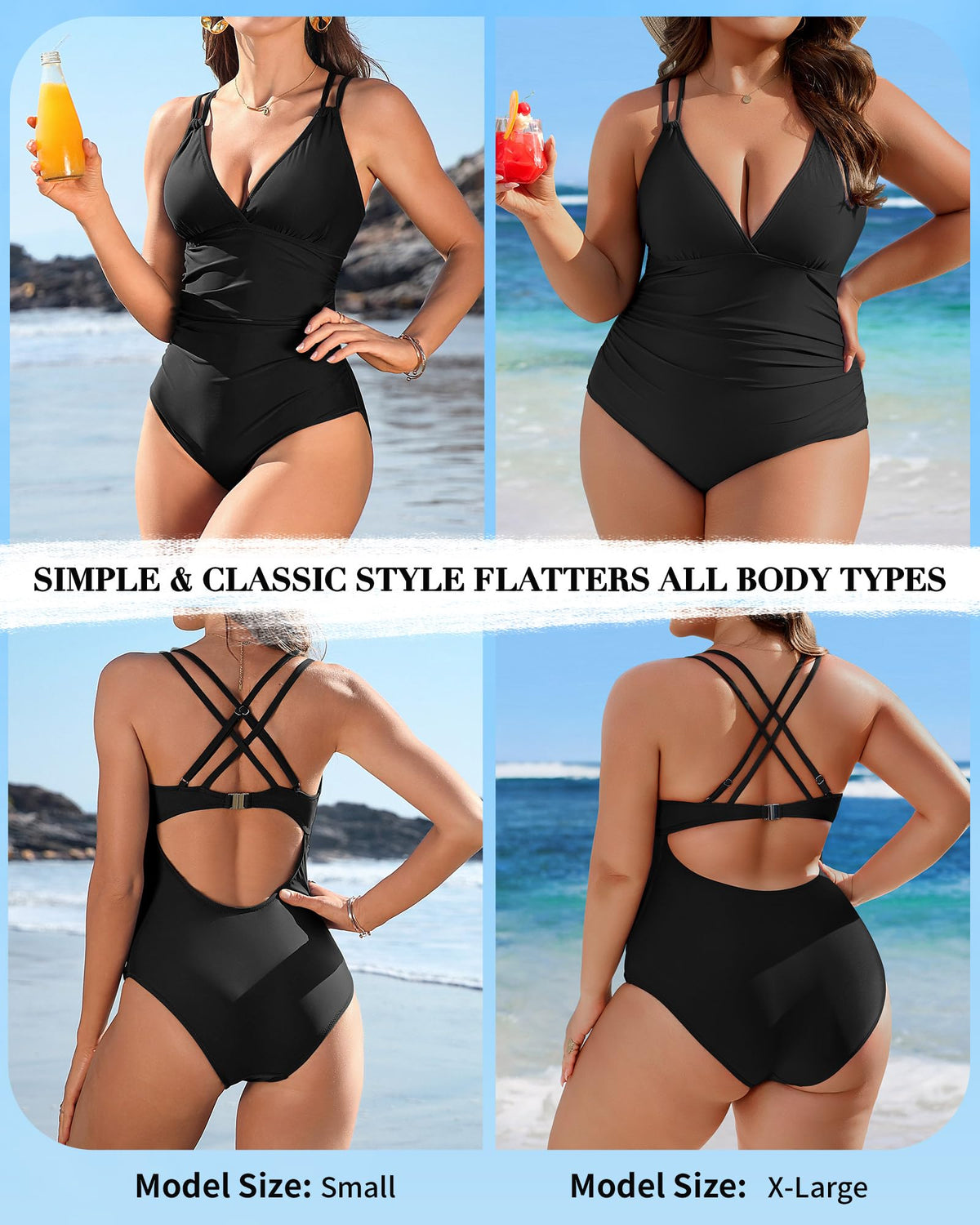 Charmo Tummy Control One Piece Swimsuits for Women Ruched Bathing Suits Criss Cross Strappy Monokini Black Large