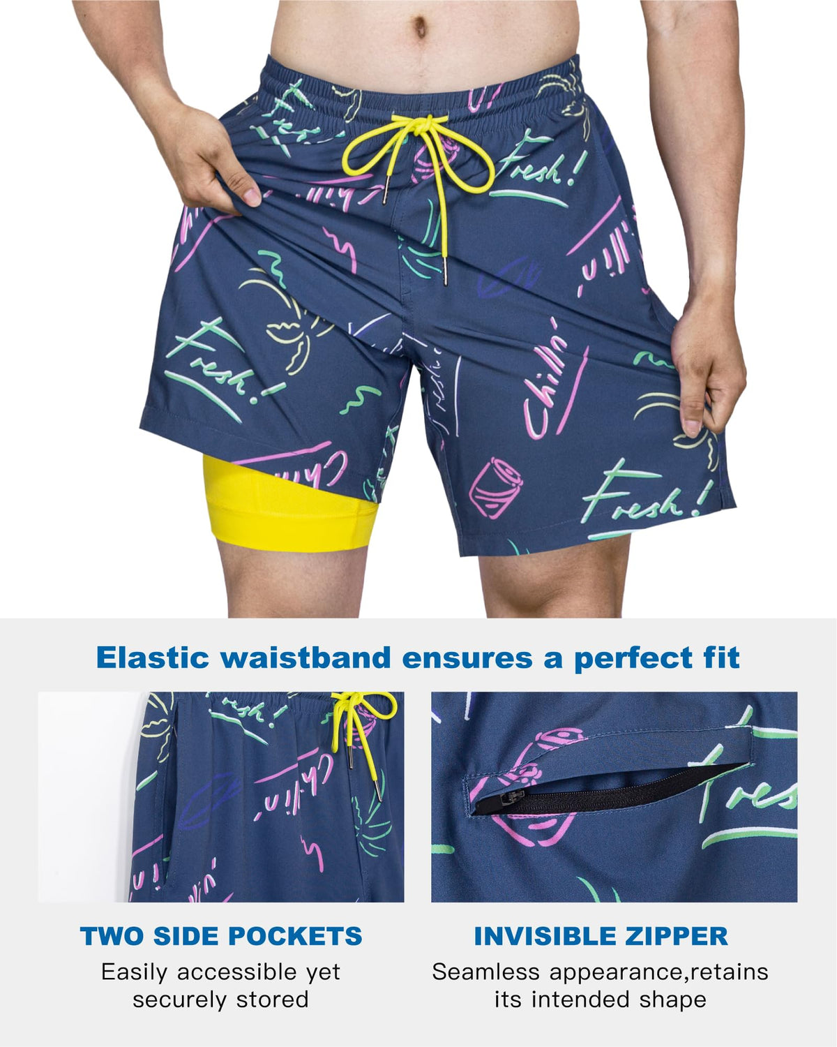 SURF CUZ Mens Swim Trunks with Compression Liner Quick Dry Swim Shorts 7" Swimming Trunks Stretch Bathing Suit 7 Inch,Mariner Doodles,L