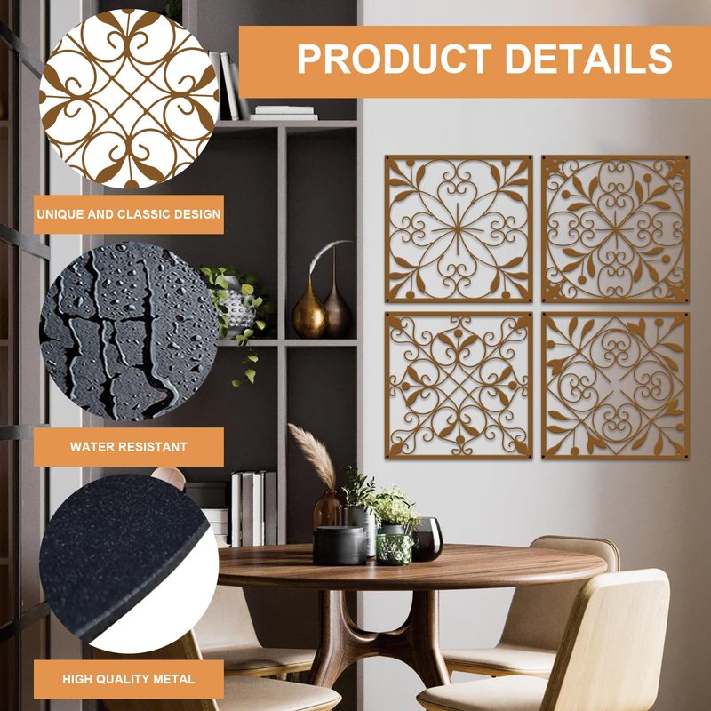 Resama 4 Pieces Rustic Wall Decor Farmhouse Wall Decor for Living Room Metal Hollow Carved Design Metal Decorative for Home Bedroom Kitchen Office (Brownish Orange,Square)