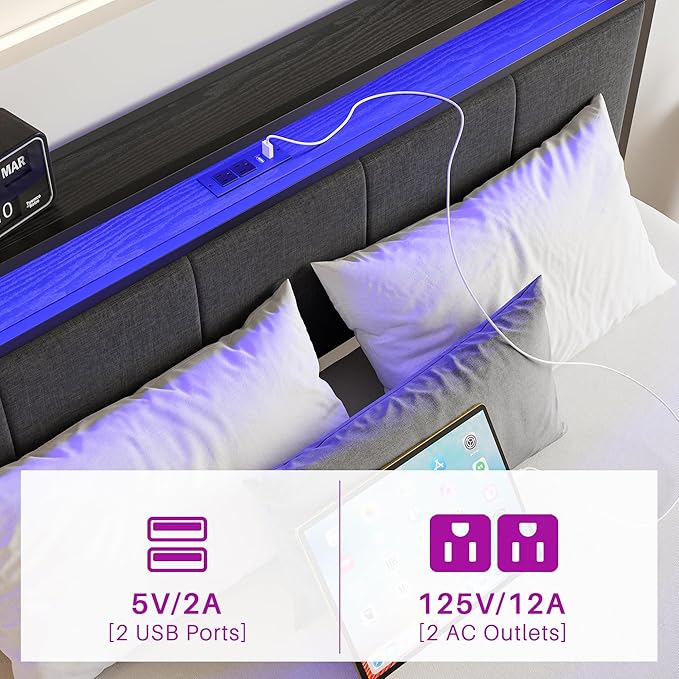 Queen Bed Frame with Headboard Storage,Upholstered Platform Bed Frame Queen Size with Charging Station and LED Lights No Box Spring Needed,Heavy Duty Steel Slats,Noise Free,Dark Grey