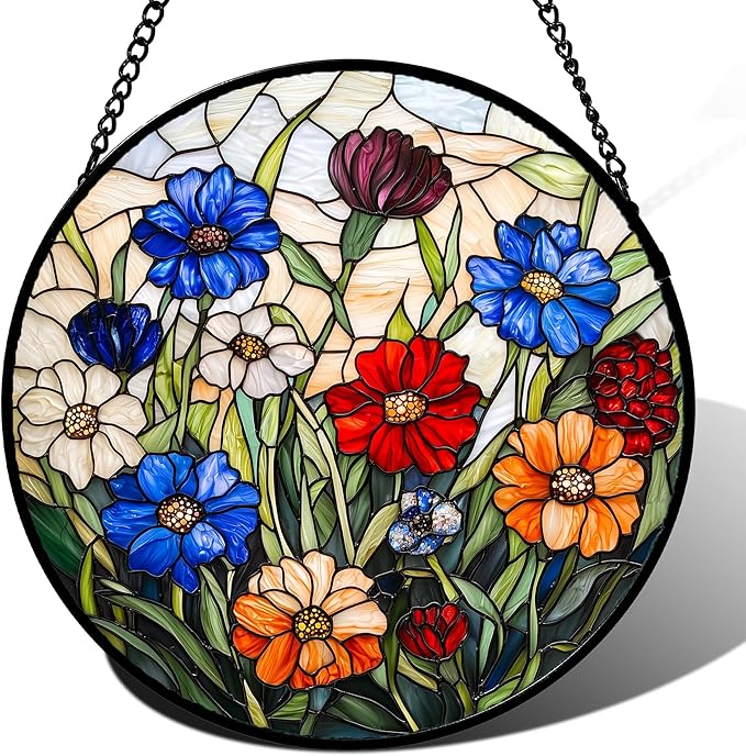 Stained Glass Suncatcher, Colorful Flowers Green Leaf Sun Catcher Landscape Stain Glass Window Hanging Decoration Mother's Day Birthday Gifts for Women Men Mom Nana 6.3 in
