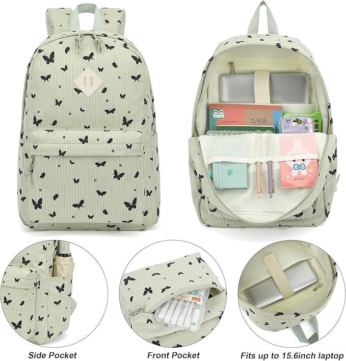 Corduroy Girls Backpack Set, 3PCS School Backpacks for Kids Elementary Middle School Bags with Lunch Box Pencil Case (Green Corduroy Butterfly)