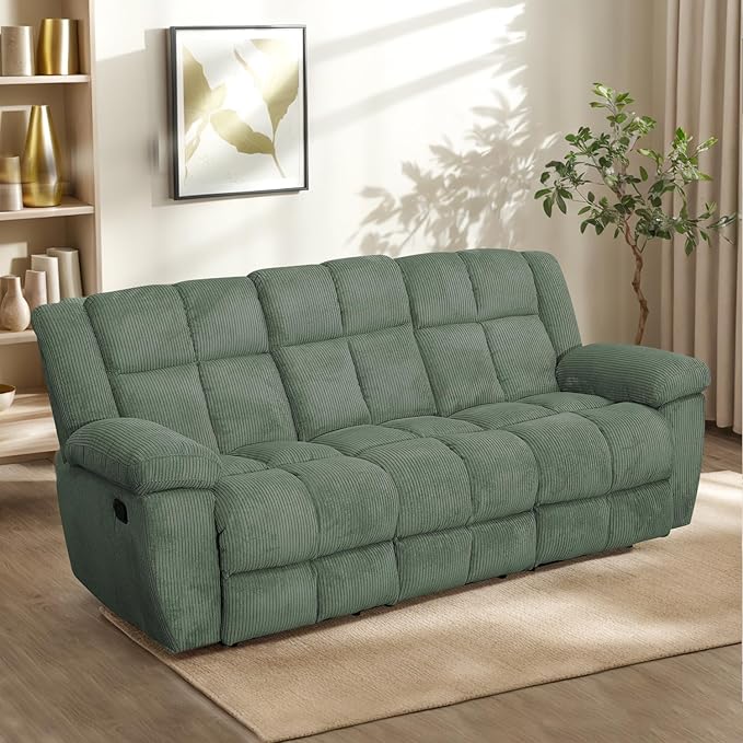 Manual Recliner Sofa Set,Corduroy Reclining Couch Set,Modern Living Room Furniture Set,Reclining Sofa Couch Chair for Living Room Home Office(Green,3 Pieces Set)