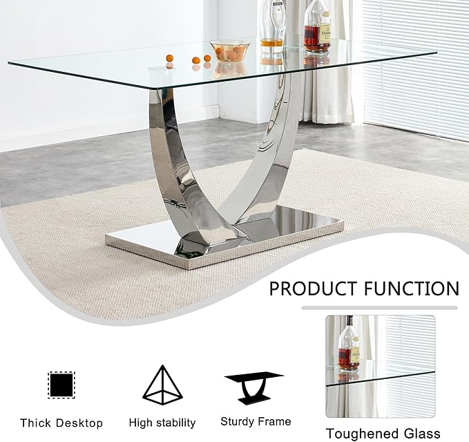 Modern Dining Table Set for 4,Dining Room Table Set for 4,Kitchen Table Set with 4 PU Leather Chairs,63'' Glass Dining Table Set with Silver U-Shaped Table Legs and Rectangular Base