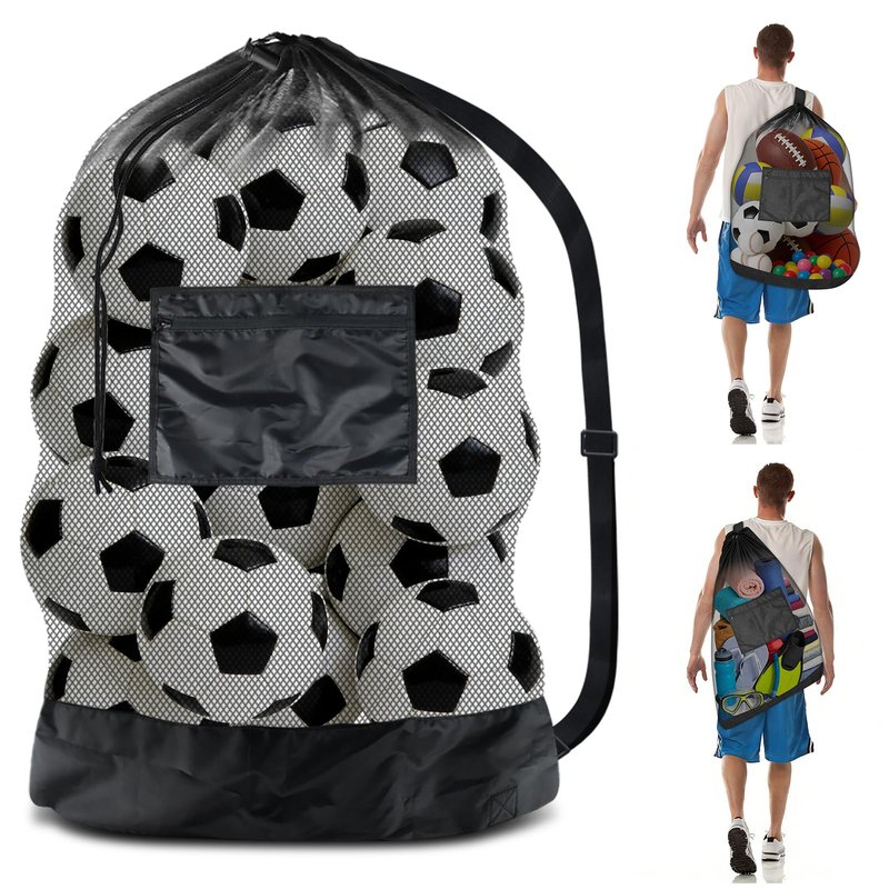 BROTOU Heavy Duty Soccer Ball Net Bag Drawstring Mesh Ball Bag with Zipper Pocket, Sports Equipment Storage Organizer Hold for Gym, Cloth, Beach, Swimming Gears (1pc-Durable Upgrade)