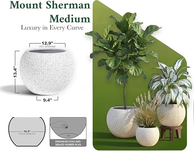DTY Signature Mount Sherman Modern Indoor Outdoor Fiberstone Sphere Planter, Durable Round Garden Pot, Weather Resistant, Drainage Hole & Rubber Plug,Planter for Christmas Tree (Ribbed White, Small)