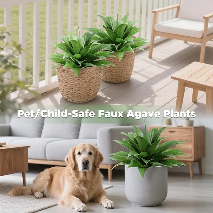 15 Inch Artificial Agave Plant with Ground Stake, Realistic Faux Succulents for Home Decor, UV-Resistant Fake Agave Plant for Indoor Outdoor Planters, Porch, Patio, Balcony, Poolside, 2 Pack