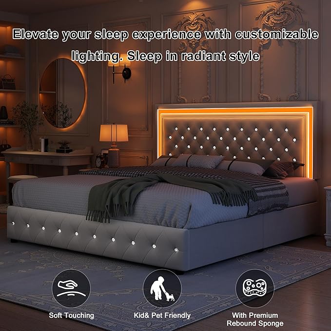 Full led Bed Frame, Bed with Storage Drawers, No Box Spring Needed, 900 lbs Capacity, Easy Assembly, Velvet Cream