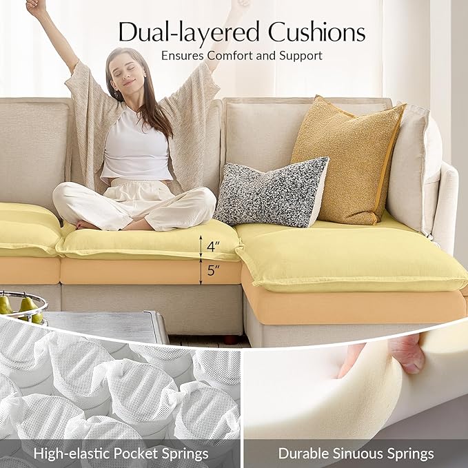 HULALA HOME 128'' Oversized Modular Sectional Sofa with Dual-Layered Cushions, 4 Seater Sofa with Storage Ottoman and Removable Cover, Modern Deep Seat Cloud Couch for Living Room, Beige