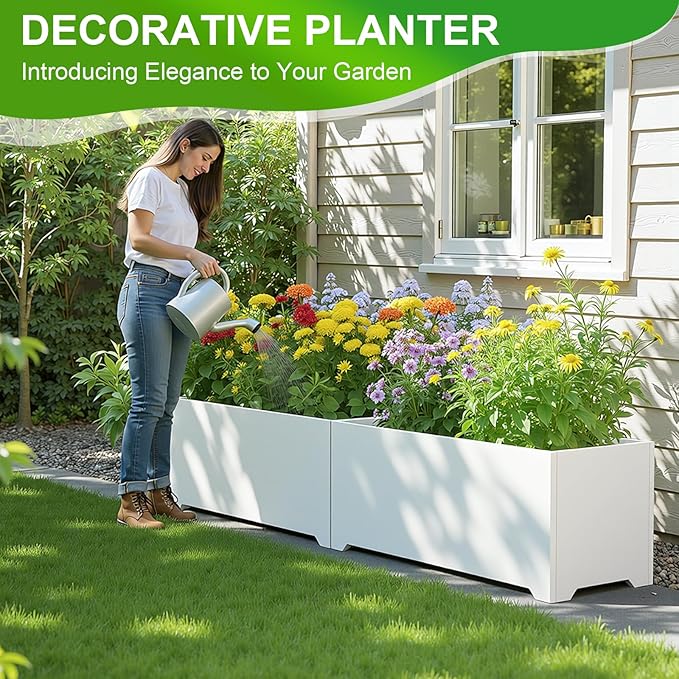 Metal Planter Box 36"L x 15"W x 15"H, Large Outdoor Rectangle Planters with 6 Drainage Holes & Raised Bottom, All-Weather Garden Planter Box for Patio, Lawn, Commercial & Residential, White