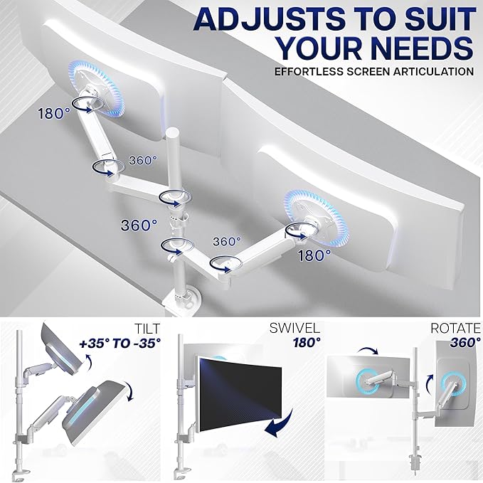 VIVO Dual Monitor Arm Extra Tall Mount for Screens up to 32 inches, Mechanical Height Adjustment, Full Articulating Heavy Duty VESA Stand with Desk C-clamp and Grommet, White, STAND-V012KW
