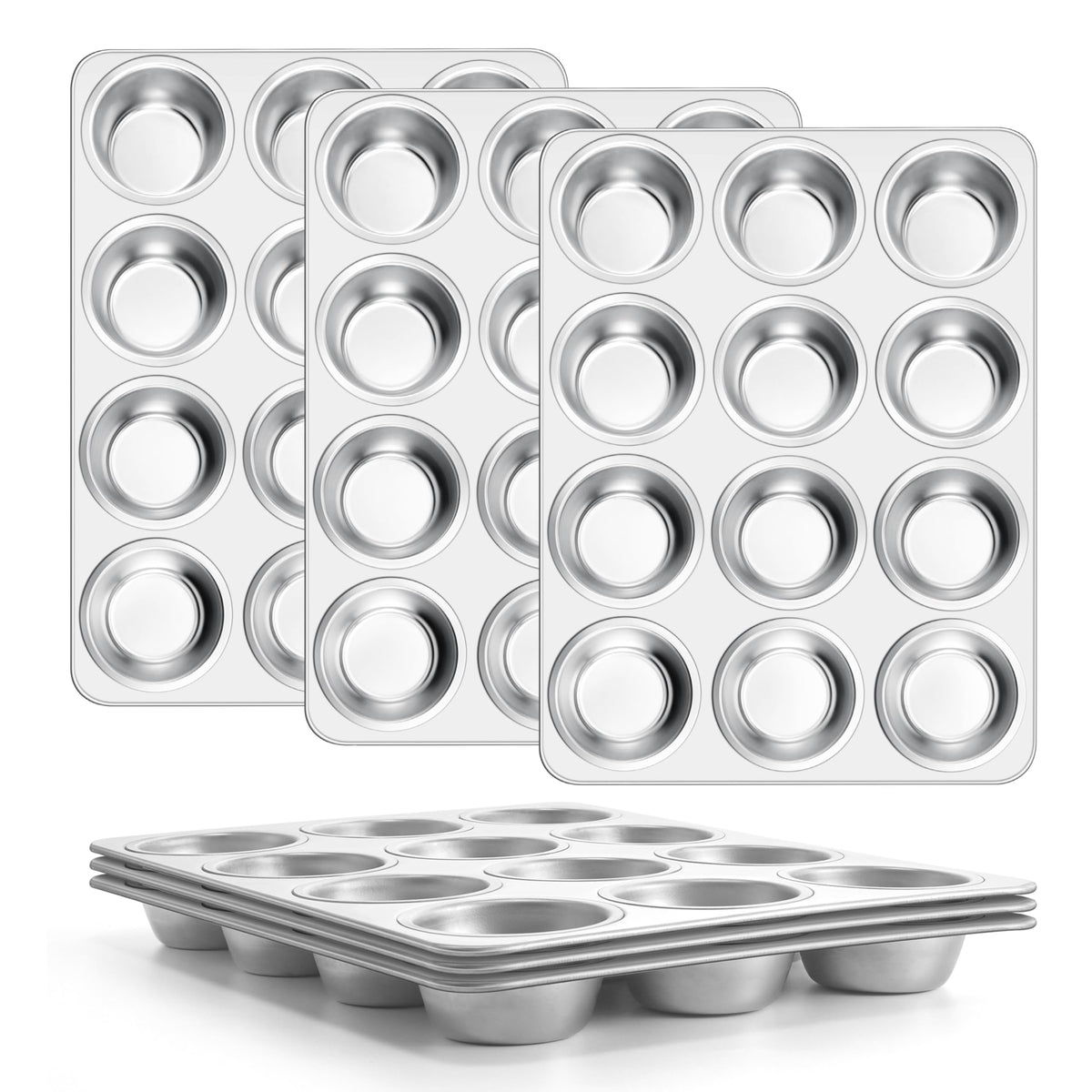 E-far 12-Cup Muffin Pan Set of 4, Stainless Steel Cupcake Pan for Oven