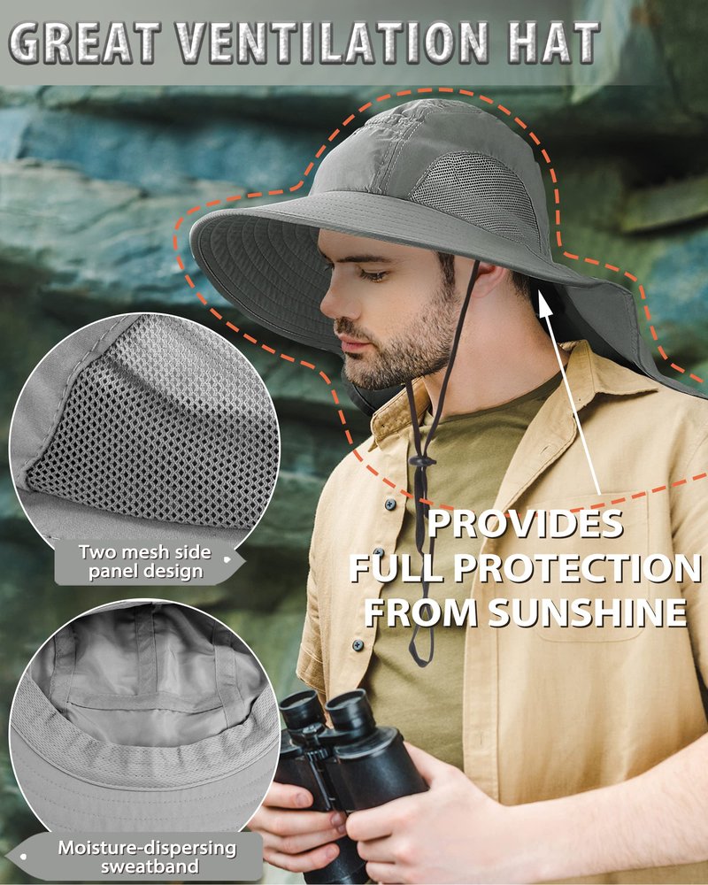 Tirrinia Neck Flap Sun Hat, Wide Brim Hiking Safari Fishing Hat for Men&Women, Breathable Outdoor Sun Protection Hat for Summer Adventures Gray