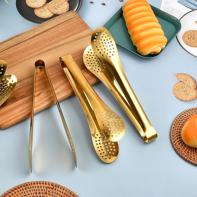 Elesunory 8 PCS Serving Tongs 9 Inch, Gold Tongs for Serving Food, Stainless Steel Tongs for Serving, Serving Utensils Cooking Clips for Buffet, Appetizer, Dessert, Parties