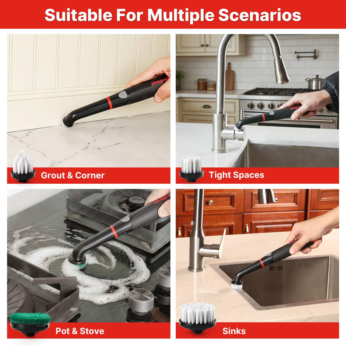 Shop-Vac Electric Spin Scrubber with 2000RPM Motor, 90Min Long Runtime with 5 Replaceable Head, LED Display and IPX6 Waterproof, Cordless Electric Scrubber for Cleaning Grout, Tile, Bathroom, Kitchen