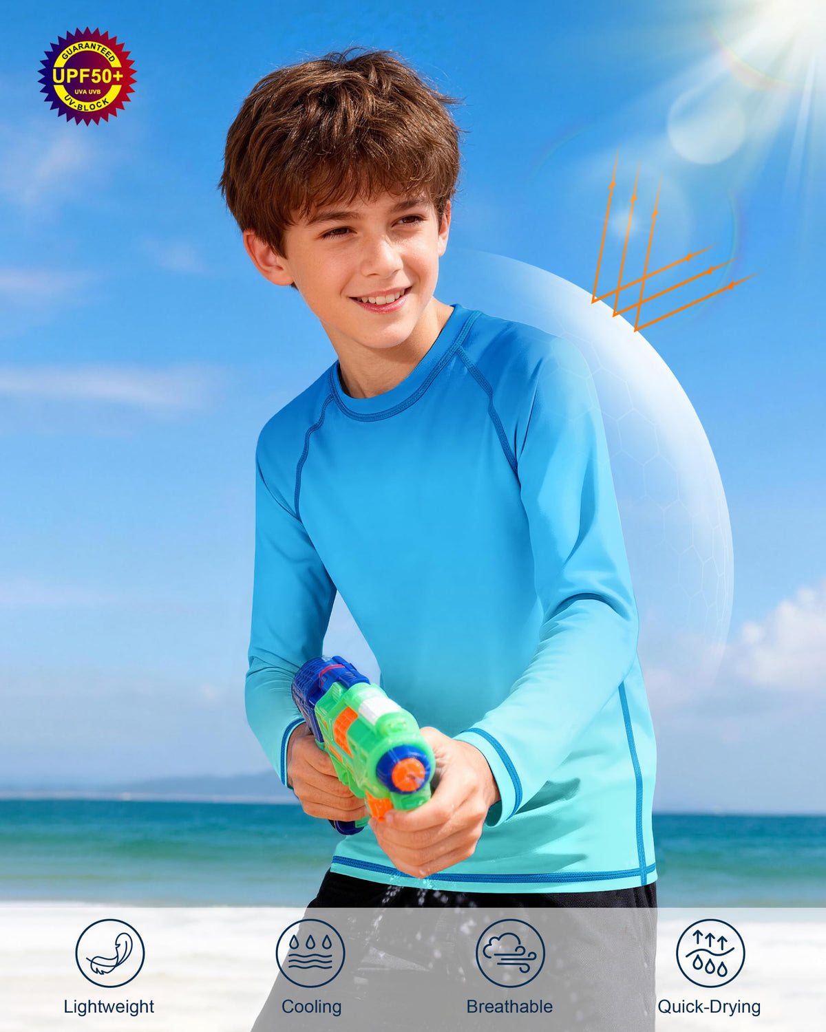 Boys UPF 50+ Swim Shirt Long Sleeve, 1 or 2 Pack UV Sun Protection Rash Guard, Youth Kids SPF Water Shirts for Beach Surf