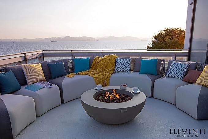 Elementi | Lunar Gas Fire Pit Cast Concrete 42" Round Fire Table, Outdoor Fire Pit Electronic Ignition | Canvas Cover, Lava Rock Included | Light Gray (Natural Gas)