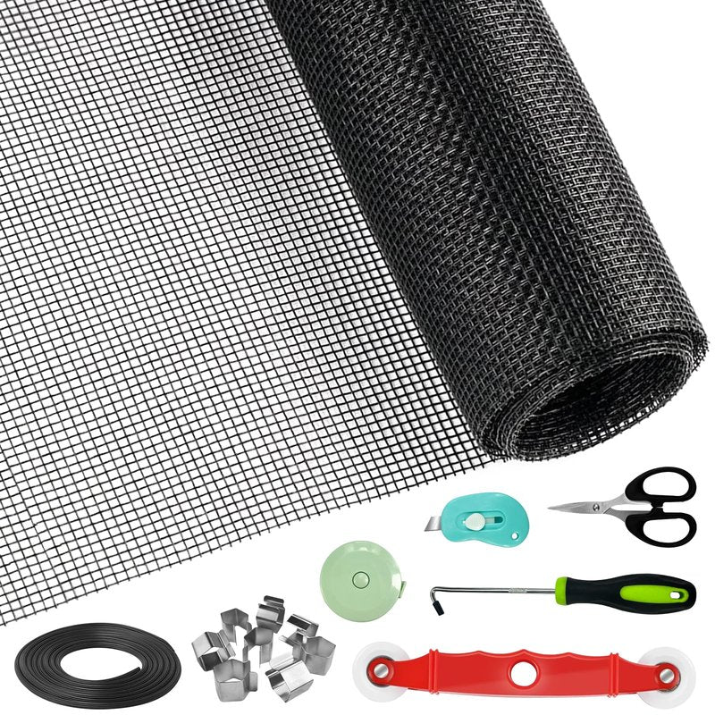 Window Screen Door Repair/Replacement Kit,48" x178" Adjustable Durable Fiberglass Window Screen Mesh,with Spline/Roller/Hook/Clips Screen Door Repair Kit,DIY Window,Porch Sliding Door(Black)