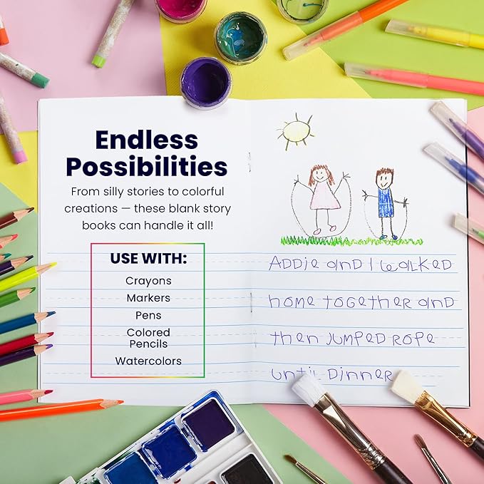 Hygloss Half Blank Books for Kids to Write Stories and Illustrate – Bulk 24 Pack – 5.5" x 8.5" A5 – Small Primary Journal for Grades K-2, Preschool/Kindergarten Notebook with Picture Space – 24 Pages