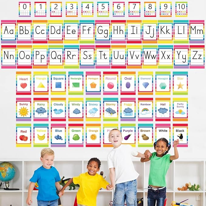 67 PCS Classroom Alphabet Number Educational Poster Cards with Weather Shape Color Learning Cards Decorations, Colorful Rainbow Bulletin Board Letter, School Home Wall Decor for Teacher