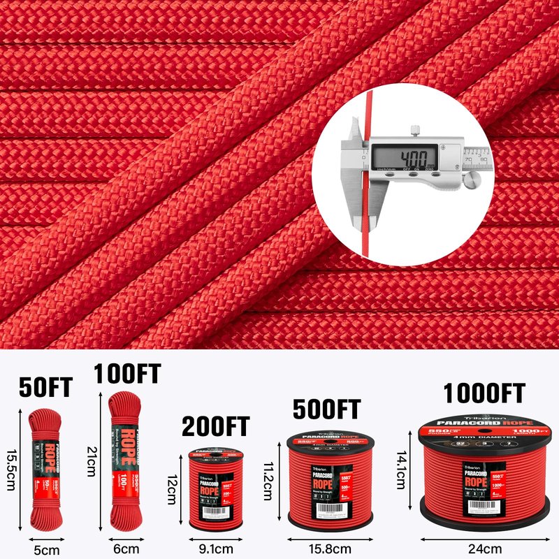 Paracord Rope 550 lb - 100ft 5/32" Parachute Cord 4MM 7-Strand para Cord - Heavy Duty Spool String for Survival,Camping Gear, Survival Bracelet, Clothesline - Red