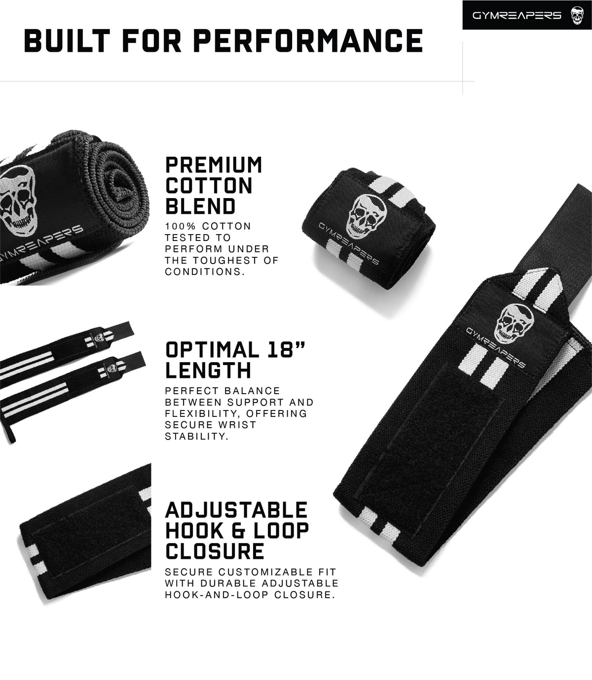 Gymreapers Weightlifting Wrist Wraps (Competition Grade) 18" Professional Quality Wrist Support with Heavy Duty Thumb Loop - Best Wrap for Powerlifting, Strength Training, Bodybuilding(White,18")