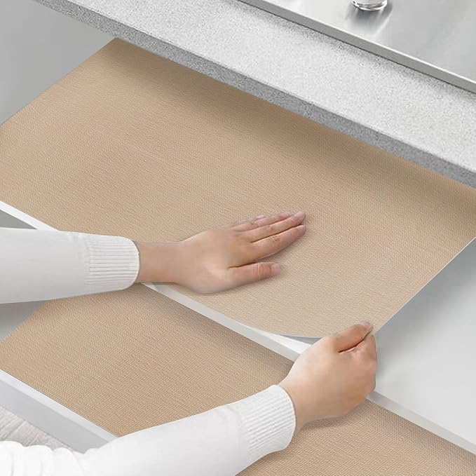 Shelf and Drawer Liner for Kitchen Cabinets Non-Adhesive, Strong Grip Non-Slip Thickened Cabinet Liners for Shelves, Waterproof Mats for Dresser Cupboard, Khaki, 17 in x 20 Feet