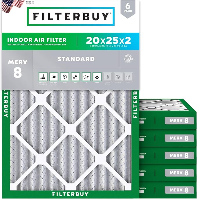 Filterbuy 20x25x2 Air Filter MERV 8 Essential Dust & Allergy Defense,