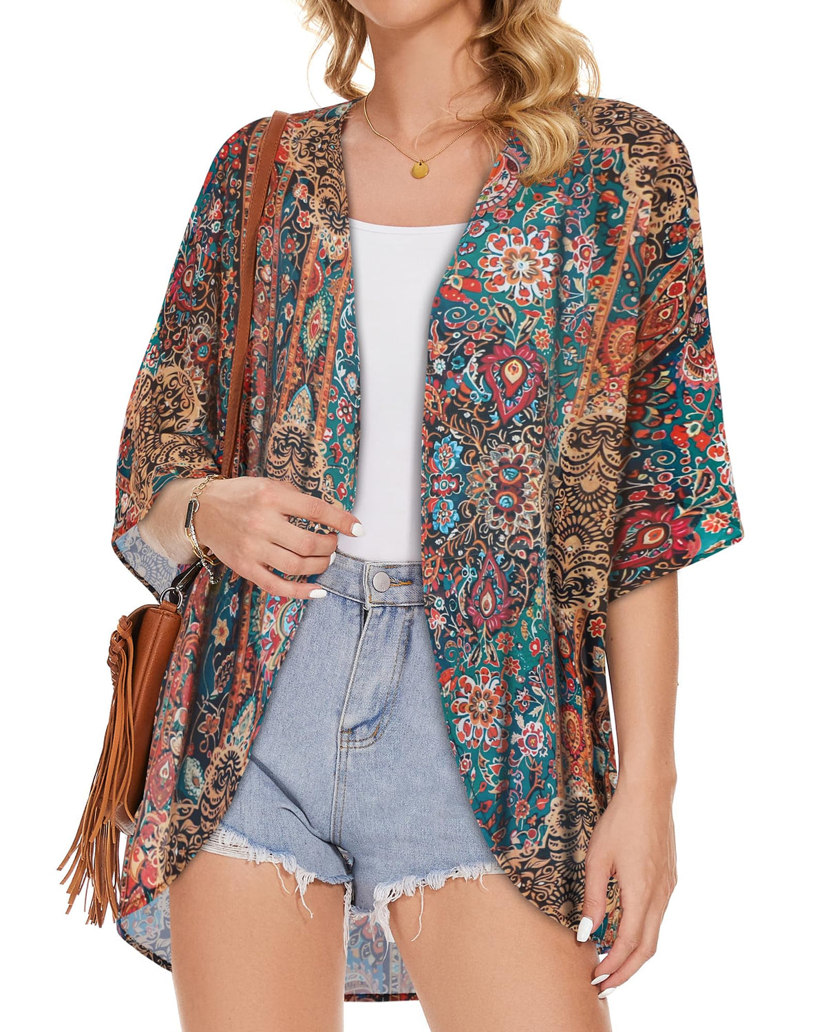 Women's Floral Kimono Print Puff Sleeve Loose Cardigan Cover Up Casual Blouse Tops (Bohemia Print, S)