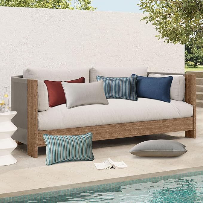 Sunbrella Decorative Outdoor Water Repellent Throw Pillows with Inserts, Set of 4, 20" x12" Pillows for Patio, Backyard, Bed, Couch, and Patio Furniture, Troupe Dock