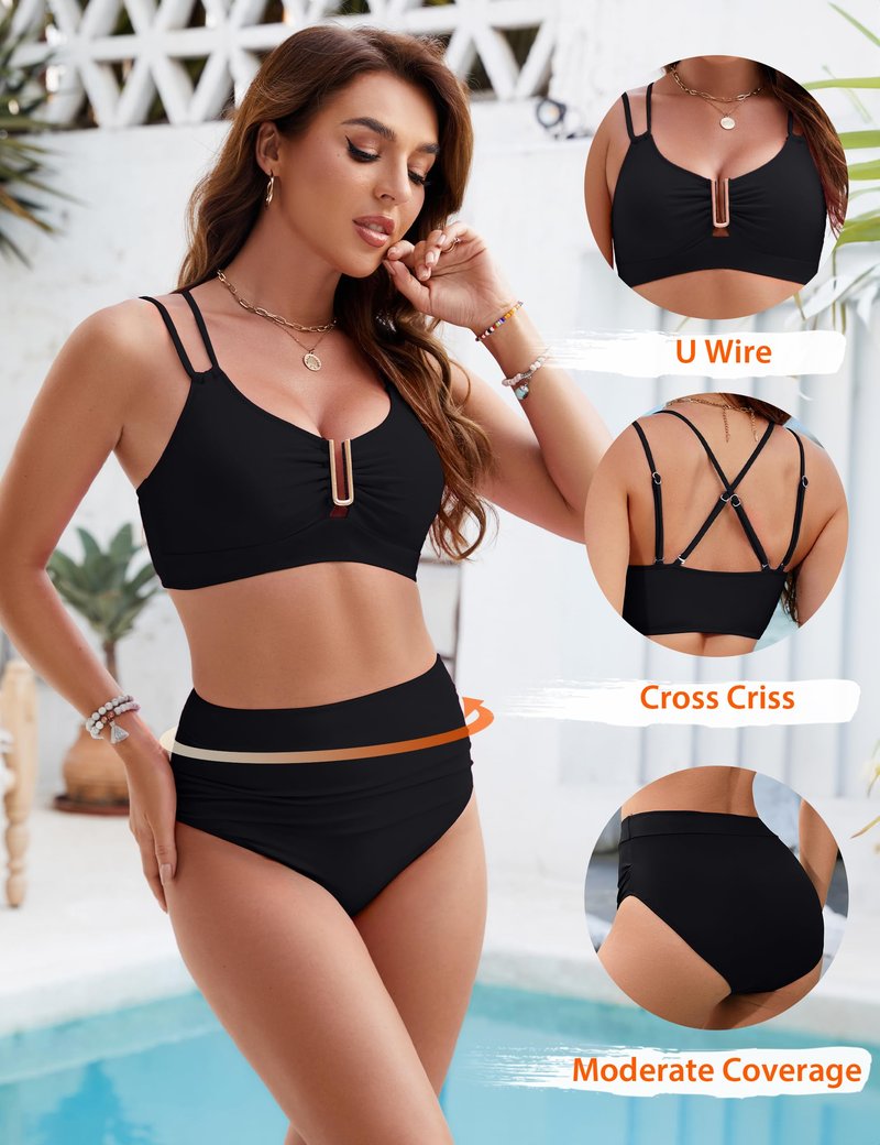 BMJL Womens High Waisted Bikini Sets Modest Tummy Control Swimsuits Cutout Crisscross Ruched Two Piece Bathing Suit(Black,M)