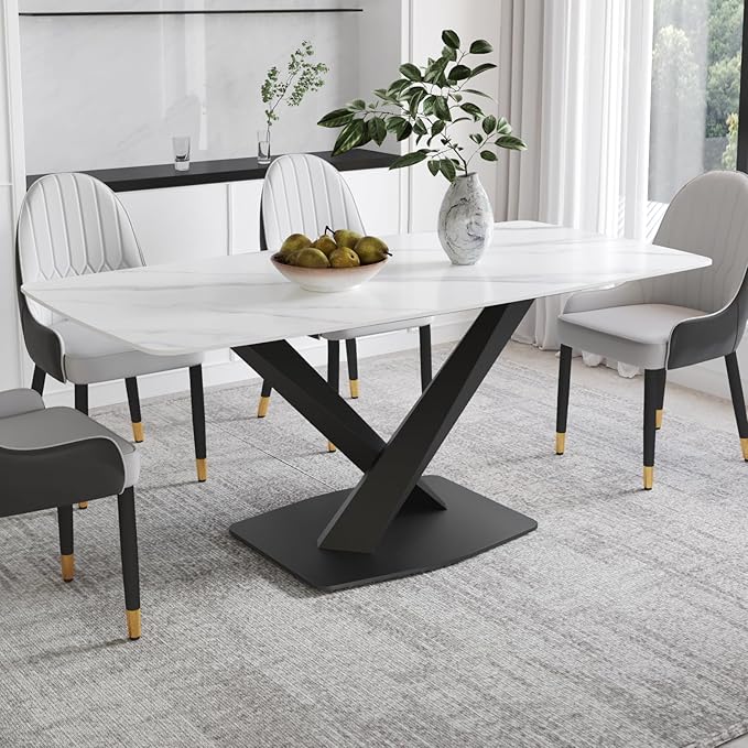 Modern Rectangle Marble Dining Table for 6,63" White Marble Sintered Stone Top Dining Table,Rectangle Dining Room Table with X-Shape Carbon Steel Pedestal for Kitchen/Living Room(Table Only)