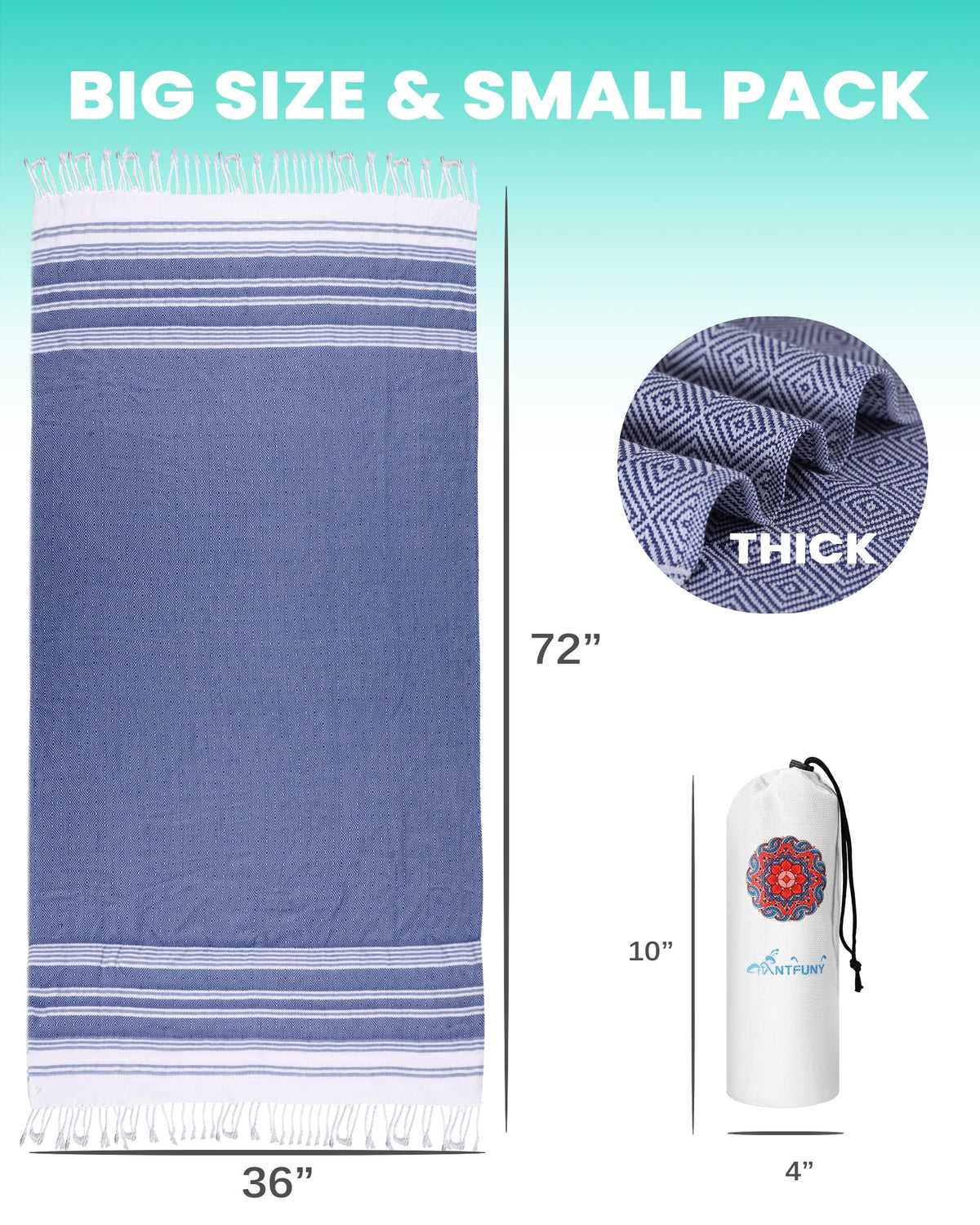Antfuny 2 Pack Turkish Beach Towels Vacation Essentials Quick Dry Sand Free Soft Extra Large XL Blanket Adult Bath Pool Swim Towel Lightweight Thin Sandless Fast Drying No Sand Packable Foldable Blue