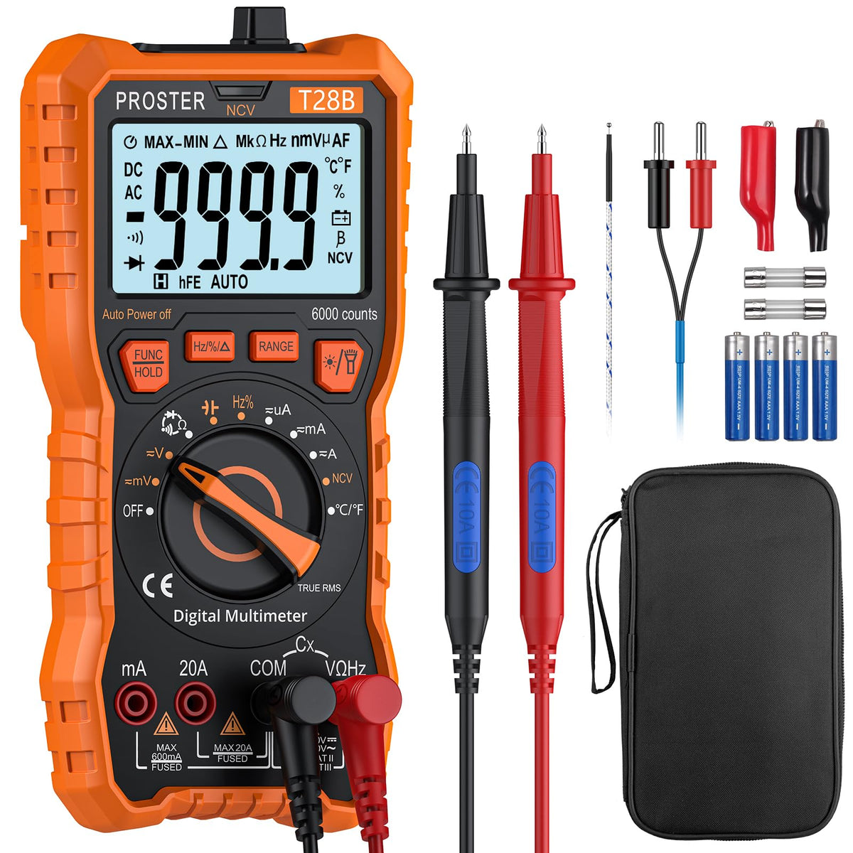 Proster Digital Multimeter - TRMS Voltmeter Multimetro Auto Range Multi Testers, 20A DC AC Current Meter NCV Detector Magnetic Hanging Hands-Free Design with Temperature Probe Backlit LCD Flashlight
