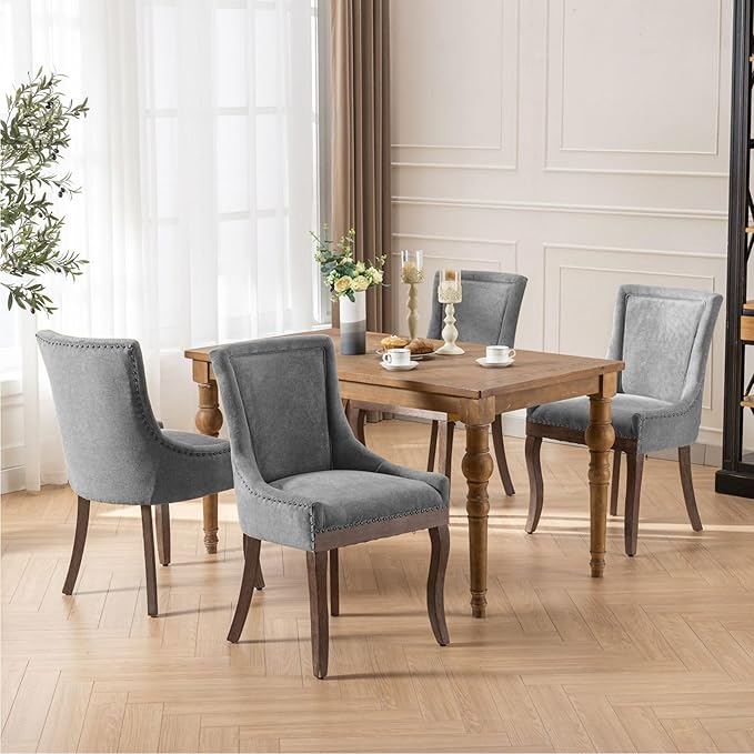 Farmhouse Dining Chairs Set of 2, Upholstered Fabric Dining Room Accent Chairs with Wood Legs & Bronze Nailhead, High Wingback Kitchen Chairs for Living Room Hotel Apartment, Gray