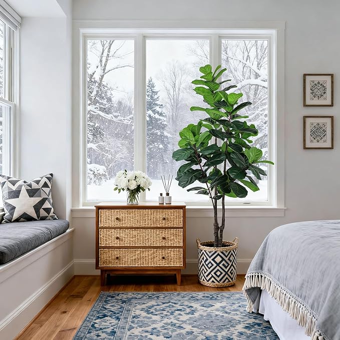 Fiddle Leaf Fig Tree Artificial Plants Indoor - 6ft Realistic Fake Plants Ficus Lyrata Trees, Faux Trees Indoor Floor Plant for Home Decor Living Room Office Christmas Housewarming Gifts