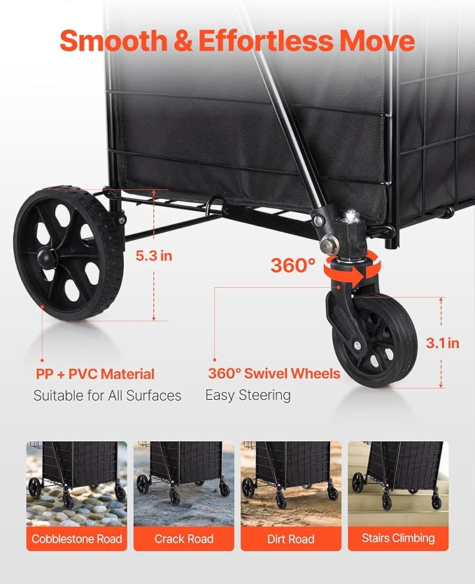 VEVOR Shopping Cart, Folding Grocery Utility Cart with Dual Baskets, Waterproof Liner & Wheels, 100 LBS Large Load Capacity, Heavy Duty Laundry Basket for Laundry, Shopping, Camping, Grocery, Luggage