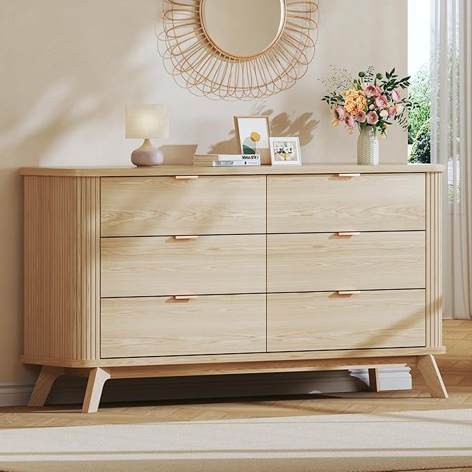 Fluted 6 Drawers Dresser for Bedroom, 55" Mid Century Modern Dresser & Chests of Drawers, Curved Profile Design, Dressers TV Stand, Wood Storage for Hallway, Entryway, Oak