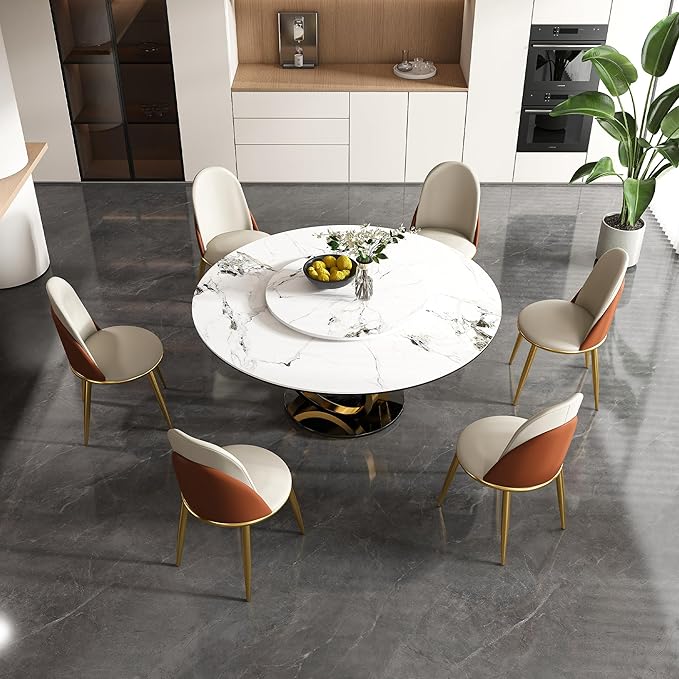 Dining Table Set with 6 Chairs, 59" Round Modern Marble Dining Table with Lazy Susan, Sintered Stone Top for Kitchen, Dining Room, Dinette