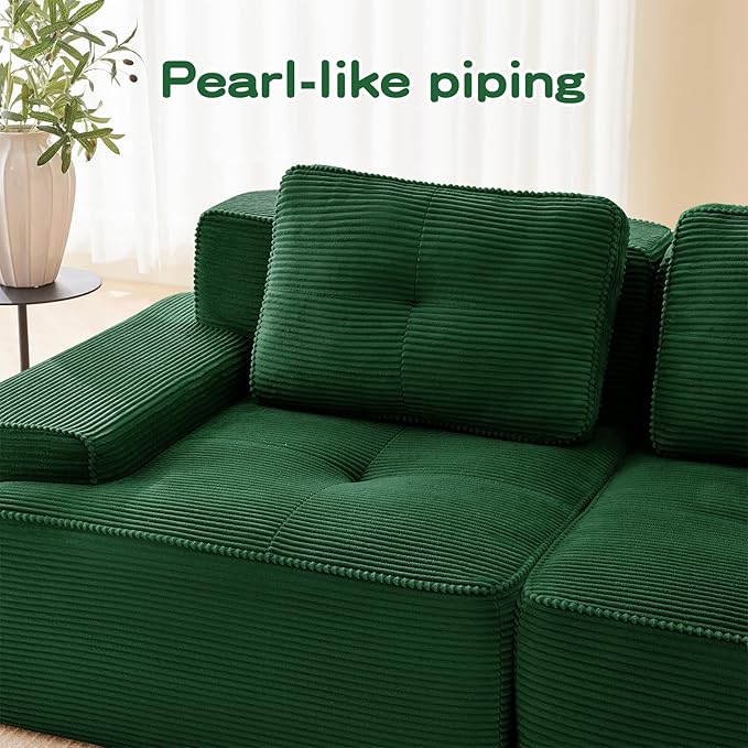150" Modern Corduroy Cloud Sofa with Ottoman, L Shaped Boneless Modular Large Sectional Couches for Living Room, Green 4 Seater Compressed Memory Foam Couch, Extra Deep Seat, No Assembly