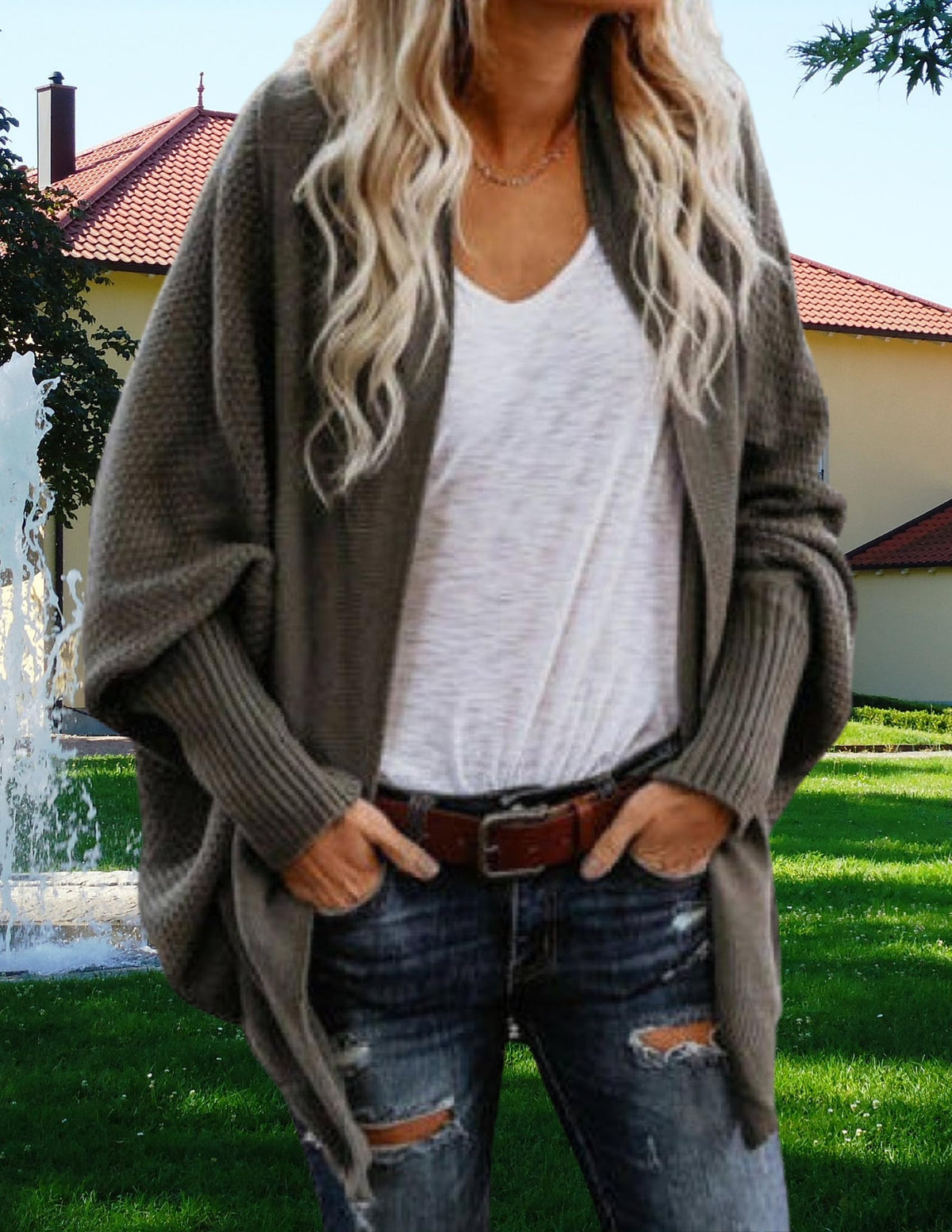 LIZALIG Women's Kimono Batwing Cable Knitted Slouchy Oversized Wrap Cardigan Sweater