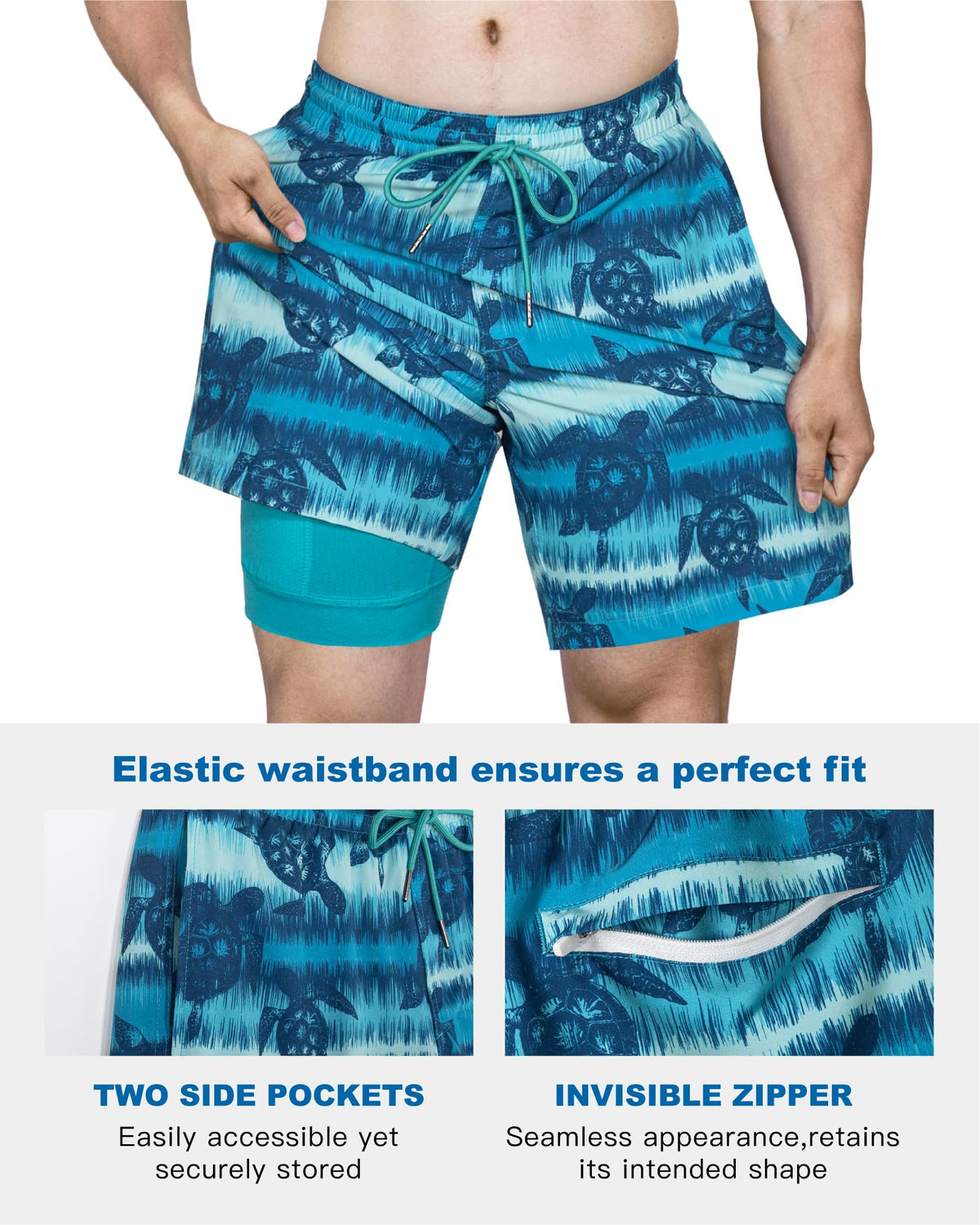 SURF CUZ Mens Swim Trunks with Compression Liner Quick Dry Swim Shorts 7" Swimming Trunks Stretch Bathing Suit Zipper Pockets,Turtle Tide,L