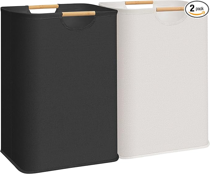 STORAGE MANIAC 2-Pack Large Laundry Hamper, 80L (21.1 Gal) Collapsible Laundry Basket with Bamboo Handles, Freestanding Waterproof Clothes Hamper for Bedroom, Dorm, Towels, Toys, Black+White