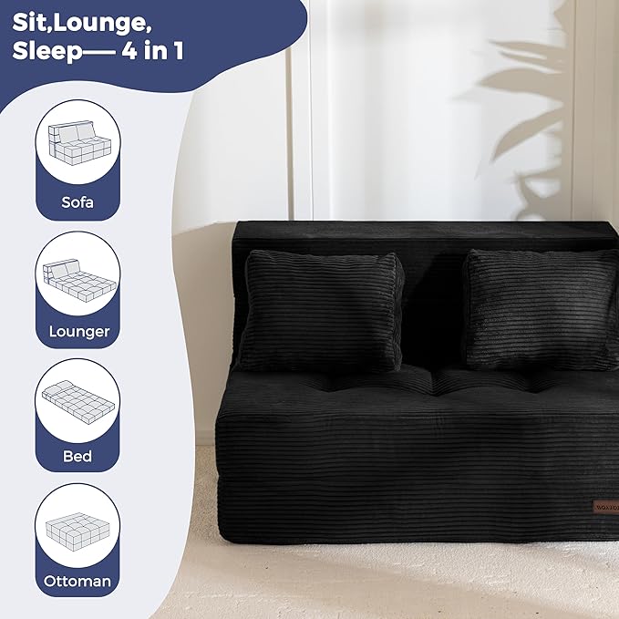 MAXYOYO Convertible Sofa Bed, Fold Out Sleeper Sofa with Pillow, 4 in 1 Tufted Folding Couch Bed Foam Floor Couch, Lazy Chair for Living Room Bedroom Guest Room, Black