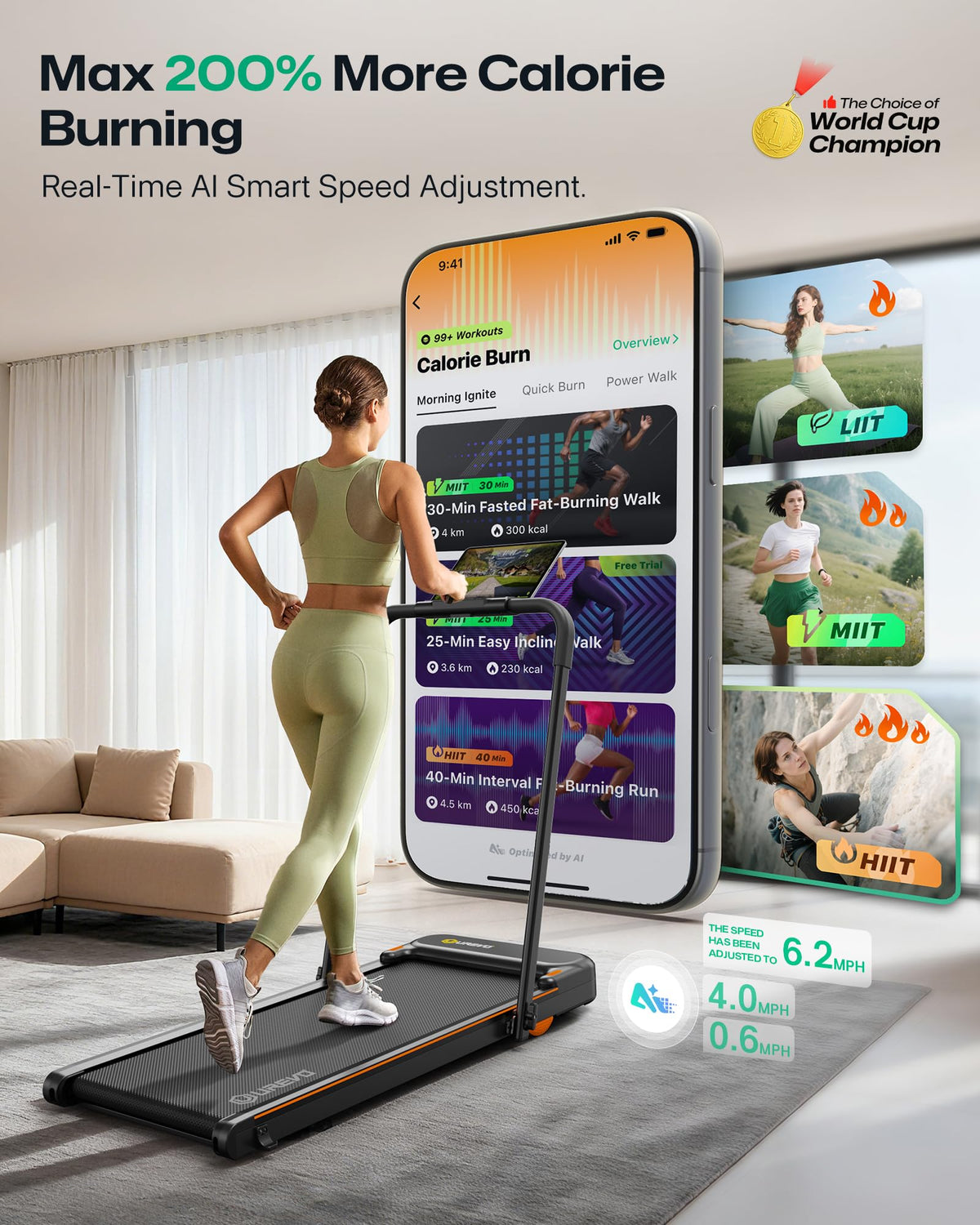UREVO Strol 2E Smart 2-in-1 Folding Treadmill, Compact Walking Pad with Safety Handle, Plug and Play, Dual LED Display, Workout APP, Walking or Running for Home Office, Remote Included, Tangerine