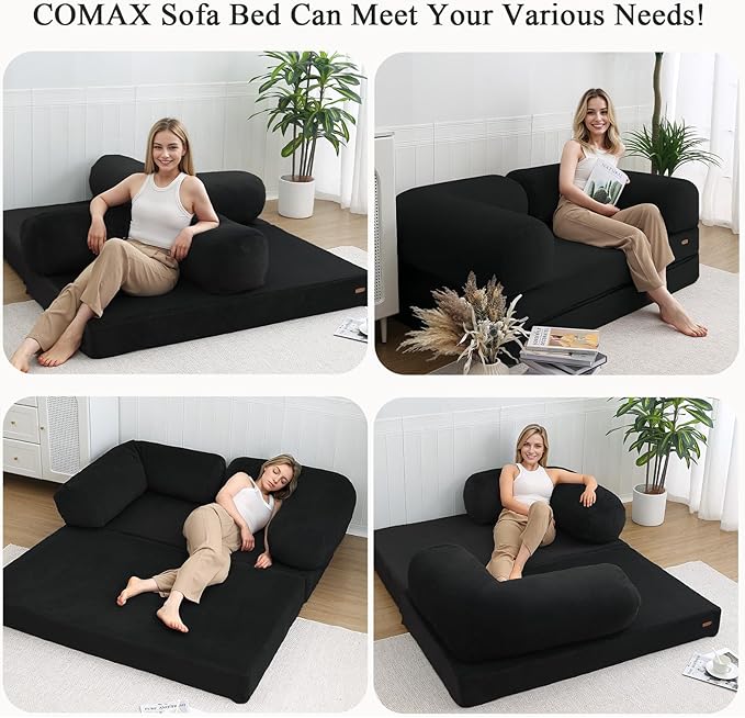 COMAX 4-in-1 Futon Sofa Bed, Queen Size Foldable Couch with L-Shaped Armrests, Convertible Sleeper Chair Bed, Comfortable Lounge Mattress for Living Room and Bedroom, Dark Black