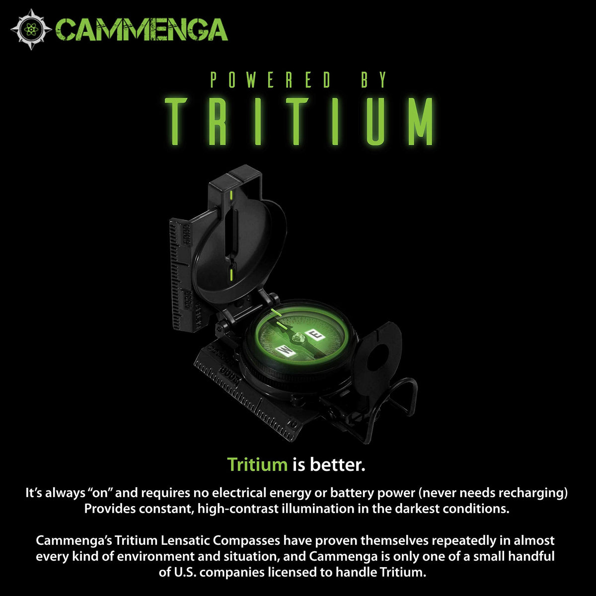 Cammenga Lensatic Tritium Compass - Made in USA Military Compass - Premium Tritium Illuminated Tactical Compass for Land Navigation, Hiking, Survival, Hunting and Backpacking - Black